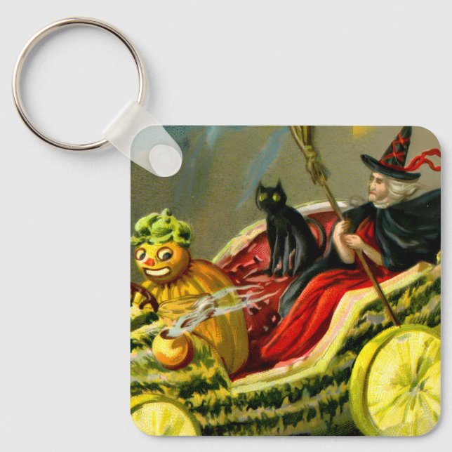 Vintage Halloween Black Cat and Witch Key Ring (Front)