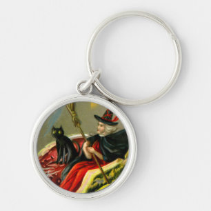 Vintage Halloween Black Cat and Witch Key Ring