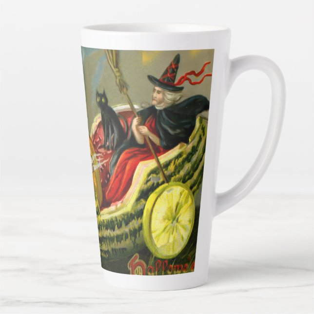 Vintage Halloween Black Cat and Witch Latte Mug (Right)