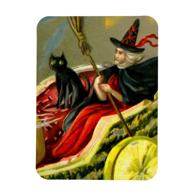 Vintage Halloween Black Cat and Witch Magnet (Vertical)