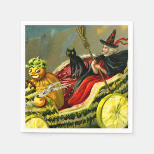 Vintage Halloween Black Cat and Witch Napkin