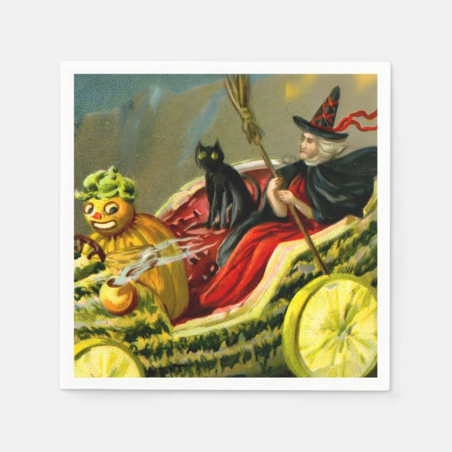 Vintage Halloween Black Cat and Witch Napkin (Front)