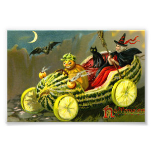Vintage Halloween Black Cat and Witch Photo Print