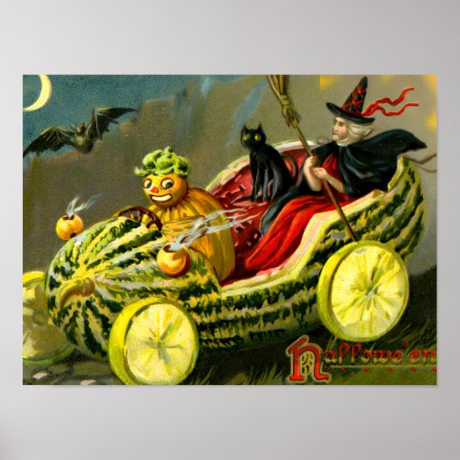 Vintage Halloween Black Cat and Witch Poster (Front)
