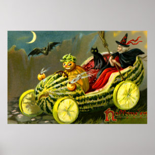 Vintage Halloween Black Cat and Witch Poster