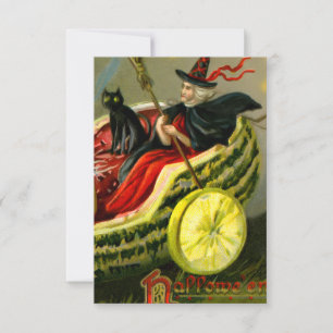Vintage Halloween Black Cat and Witch Thank You Card