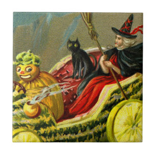 Vintage Halloween Black Cat and Witch Tile