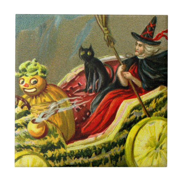 Vintage Halloween Black Cat and Witch Tile (Front)