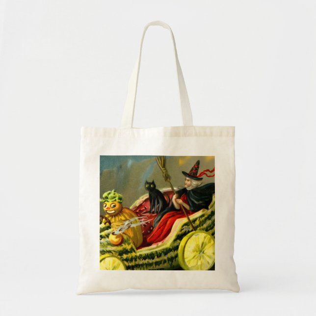 Vintage Halloween Black Cat and Witch Tote Bag (Front)