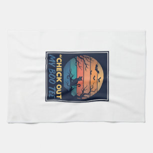 Vintage Halloween Black Cat Boo Tee Shirt Design_1 Tea Towel