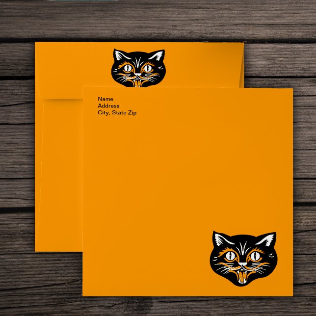 Vintage Halloween Black Cat Face Party Envelopes (Vintage Halloween black cat face on orange mailing envlopes.)