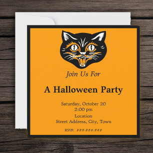 Vintage Halloween Black Cat Face Party Invitation