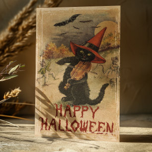 Vintage Halloween Black Cat Fiddling Holiday Card