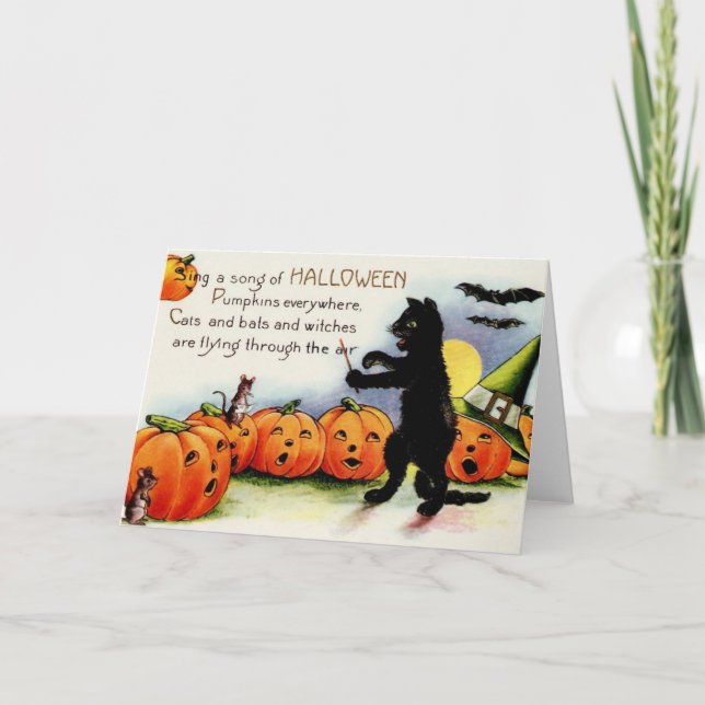 Vintage Halloween Black Cat Folded Thank You Card (Front)