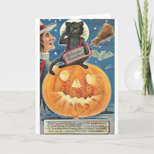 Vintage Halloween Black Cat Greeting Card (Front)