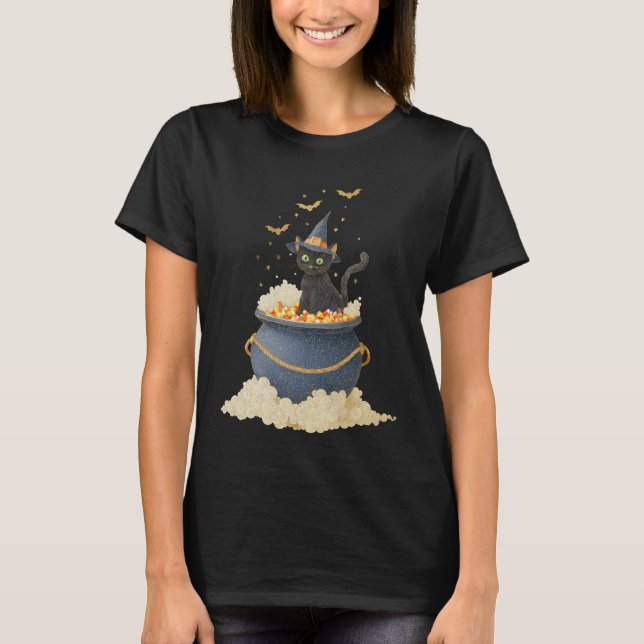 Vintage Halloween Black Cat in Cauldron T-Shirt (Front)