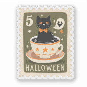 Vintage Halloween Black Cat in Teacup Stamp