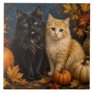 Vintage Halloween Black Cat & Orange Cat Tile
