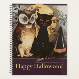 Vintage Halloween Black Cat & Owl Witch Hat Moon Planner