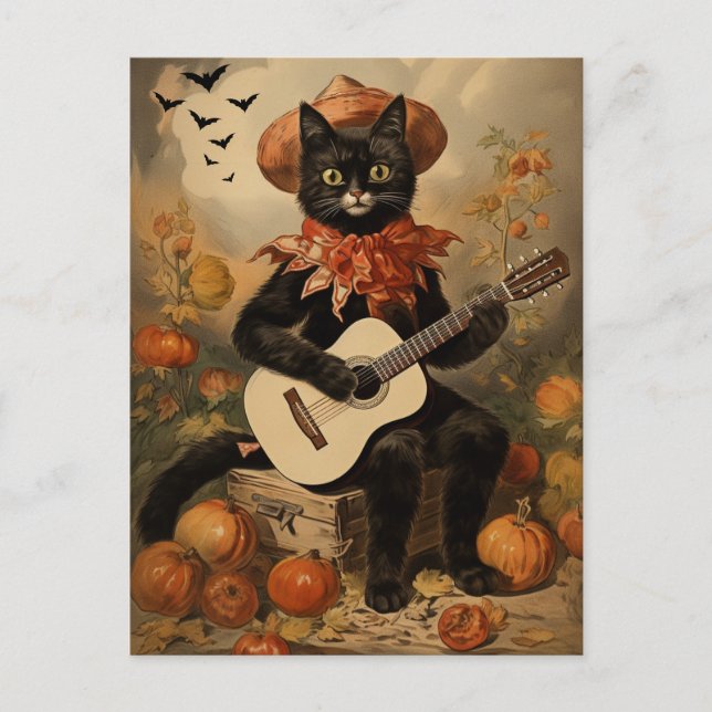 Vintage Halloween Black Cat Playing Guitar Holiday Postcard (Front)
