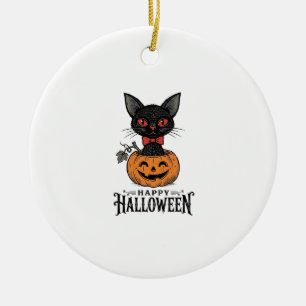 Vintage Halloween Black Cat Pumpkin Shirt Design_1 Ceramic Tree Decoration