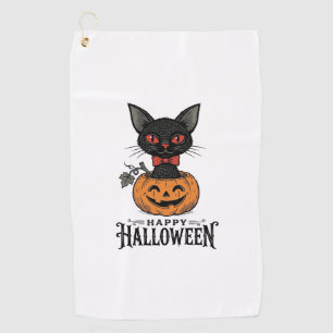 Vintage Halloween Black Cat Pumpkin Shirt Design_1 Golf Towel