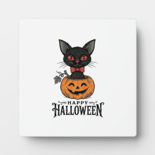 Vintage Halloween Black Cat Pumpkin Shirt Design_1 Plaque