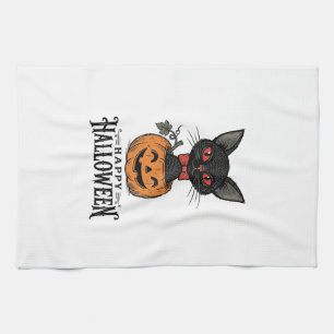 Vintage Halloween Black Cat Pumpkin Shirt Design_1 Tea Towel