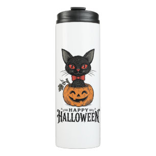 Vintage Halloween Black Cat Pumpkin Shirt Design_1 Thermal Tumbler