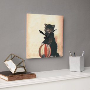 Vintage HALLOWEEN Black Cat Square Wall Clock