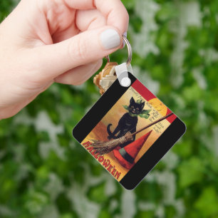 Vintage Halloween Black Cat, Witch's Broom and Hat Key Ring