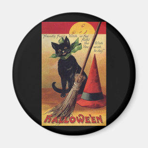 Vintage Halloween Black Cat, Witch's Broom and Hat Magnet