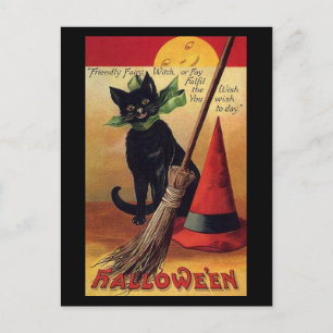 Vintage Halloween Black Cat, Witch's Broom and Hat Postcard