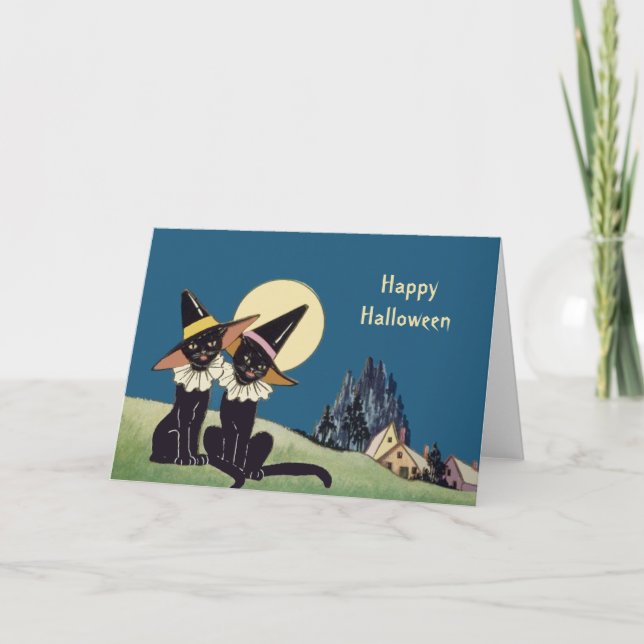 Vintage Halloween Black Cats Card (Front)