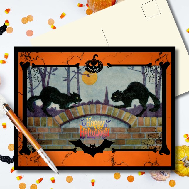Vintage Halloween Black Cats Holiday Postcard (Creator Uploaded)