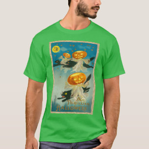 Vintage Halloween Black Cats & Pumpkins Illustrati T-Shirt