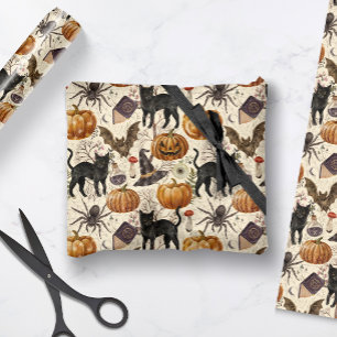 Vintage Halloween Black Cats & Pumpkins Wrapping Paper