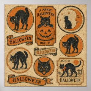 Vintage Halloween Black Cats Sheet Poster