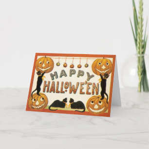 Vintage Halloween, Black Cats with Jackolanterns Card
