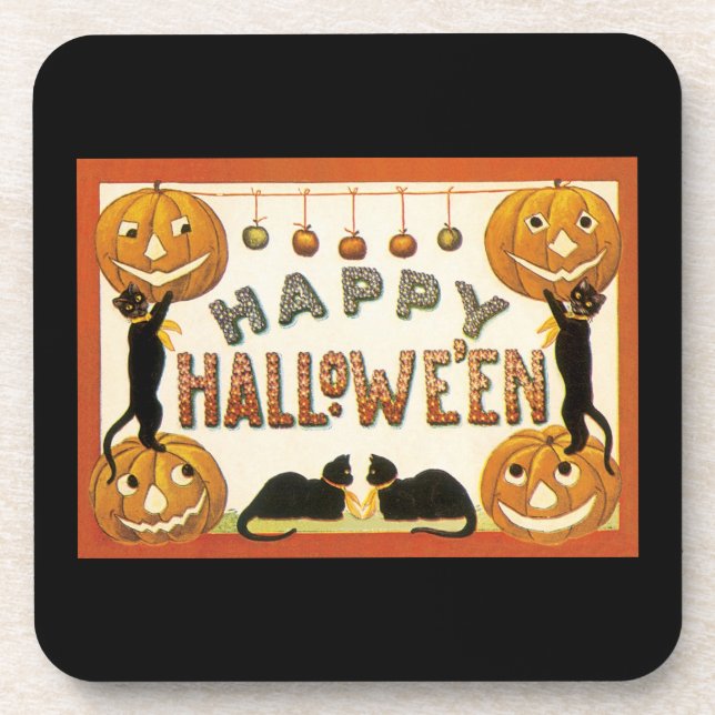 Vintage Halloween, Black Cats with Jackolanterns Coaster (Front)