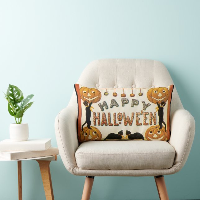 Vintage Halloween, Black Cats with Jackolanterns Lumbar Cushion (Chair)
