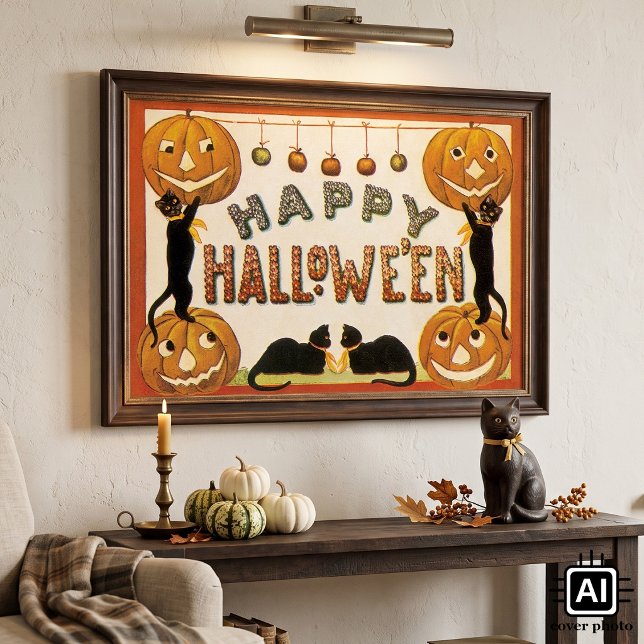 Vintage Halloween, Black Cats with Jackolanterns Poster (Vintage illustration Halloween design featuring black cats, apples and jack-o-lantern pumpkins.)