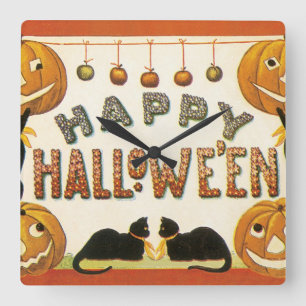 Vintage Halloween, Black Cats with Jackolanterns Square Wall Clock