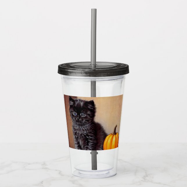 Vintage Halloween Black Kitten Illustration Acrylic Tumbler (Front)