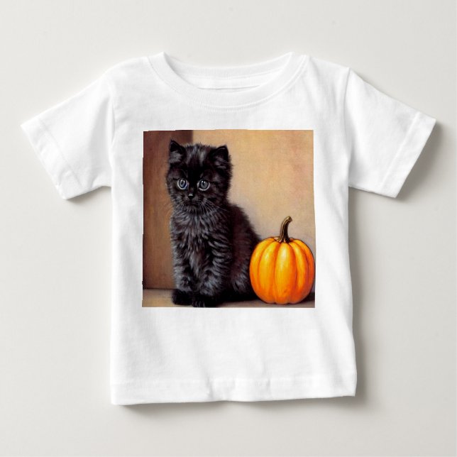 Vintage Halloween Black Kitten Illustration Baby T-Shirt (Front)