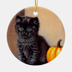 Vintage Halloween Black Kitten Illustration Ceramic Tree Decoration