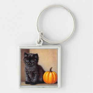 Vintage Halloween Black Kitten Illustration Key Ring
