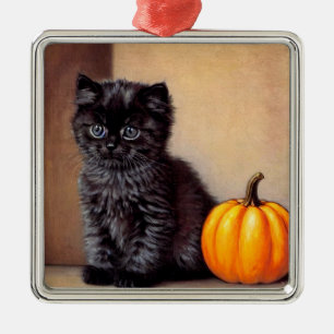 Vintage Halloween Black Kitten Illustration Metal Tree Decoration