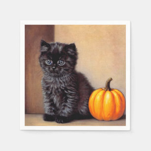 Vintage Halloween Black Kitten Illustration Napkin