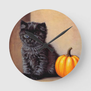 Vintage Halloween Black Kitten Illustration Round Clock